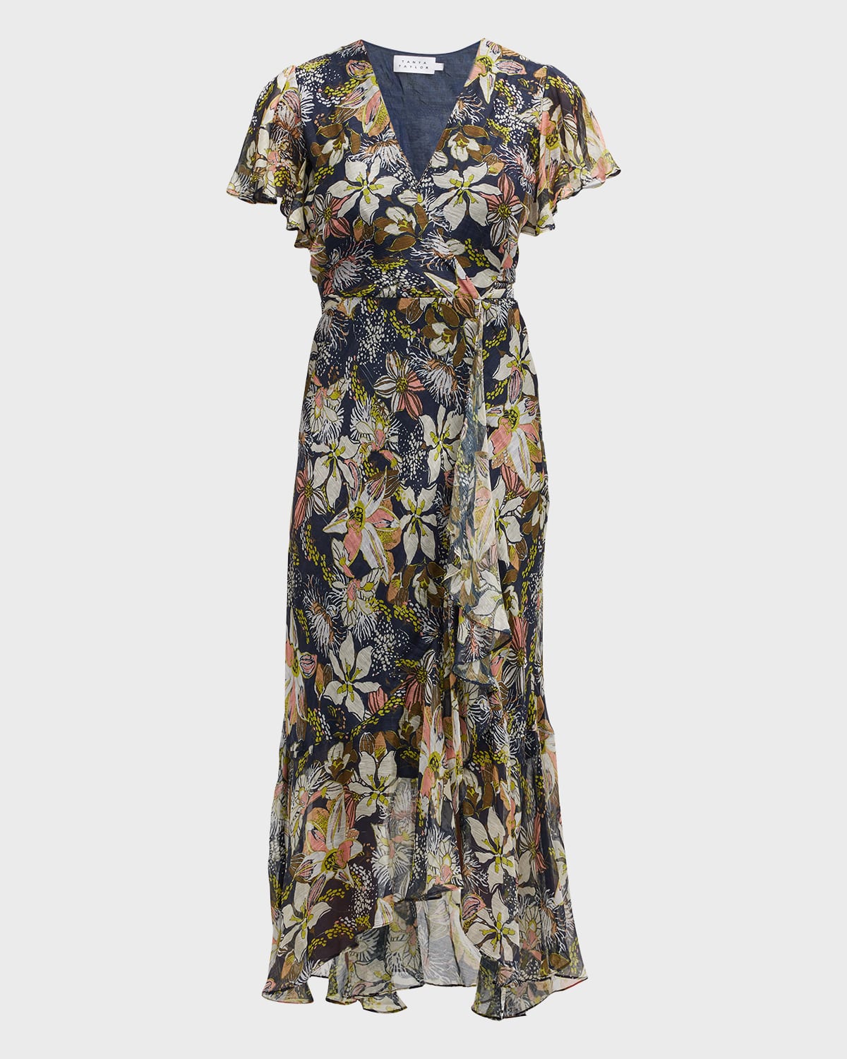 Tanya Taylor Blaire Printed Linen-silk Midi Faux-wrap Dress In Maritime Blue