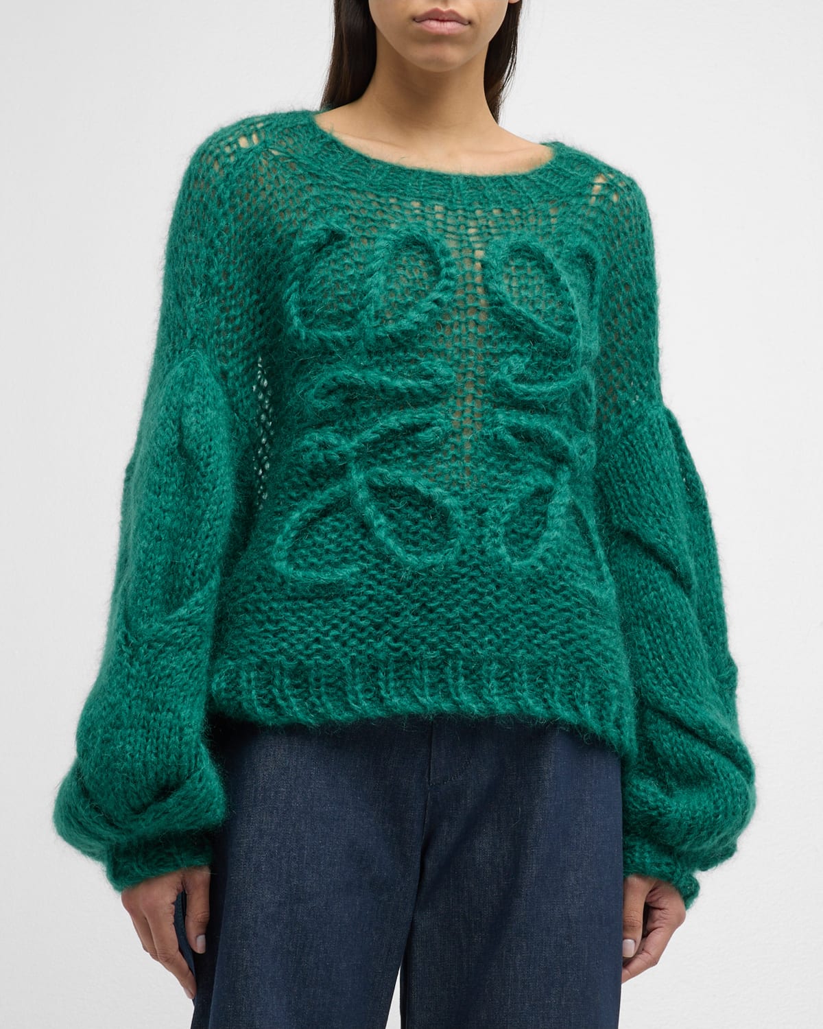 Loewe Anagram Cable-knit Sleeve Sweater In Forest Gre