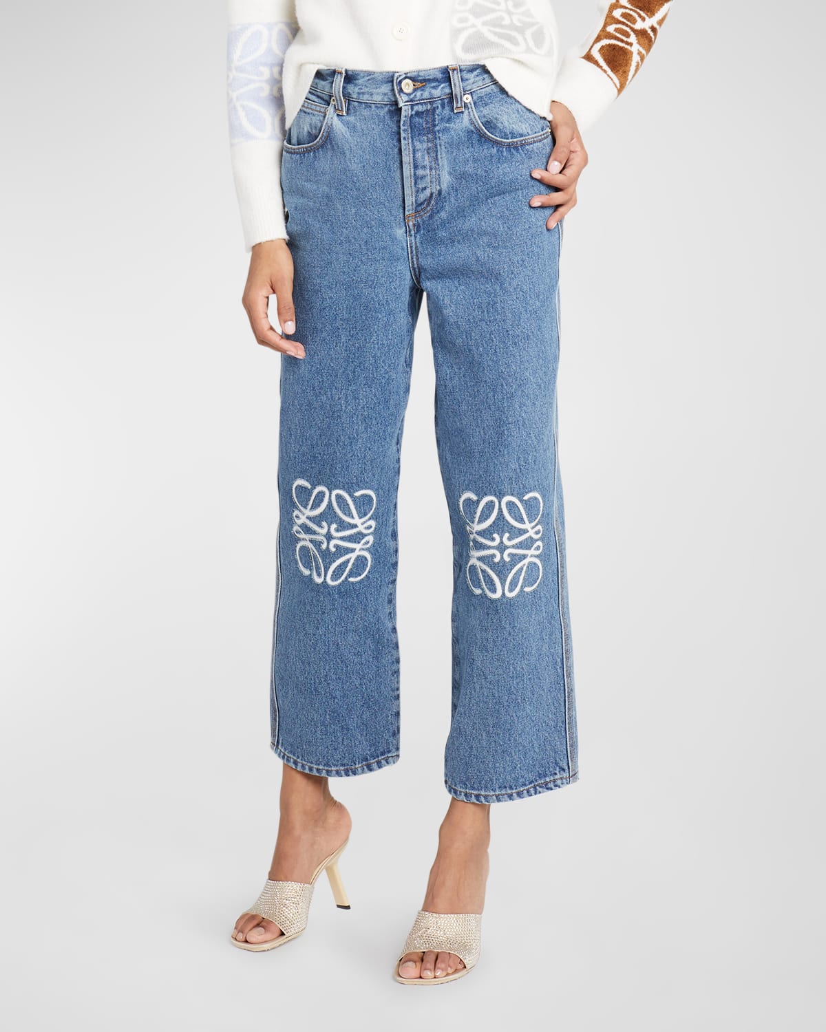 Shop Loewe Anagram Embroidered Cropped Jeans In Mid Blue D