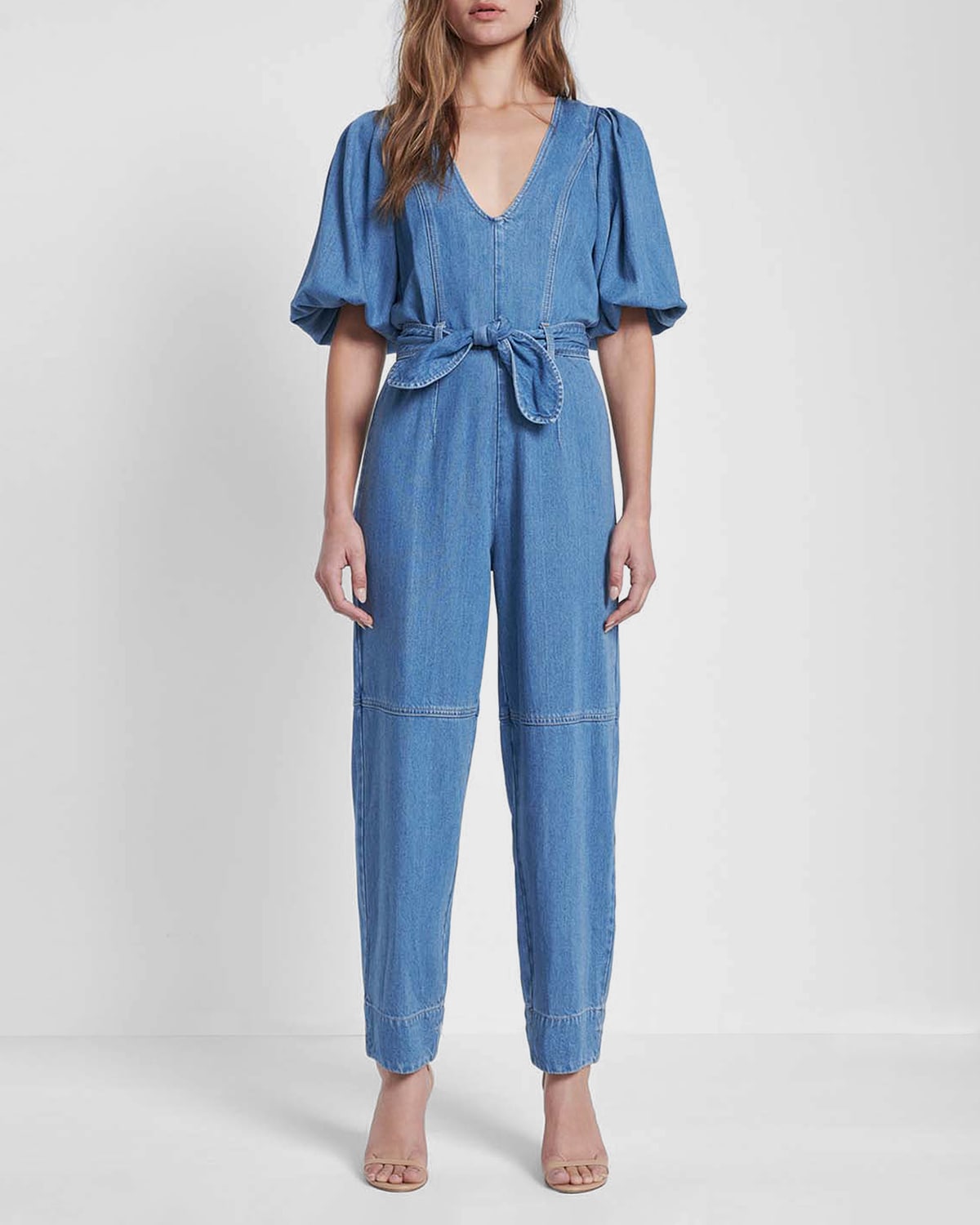7 For All Mankind Denim Puff Sleeve Jumpsuit In Tulip
