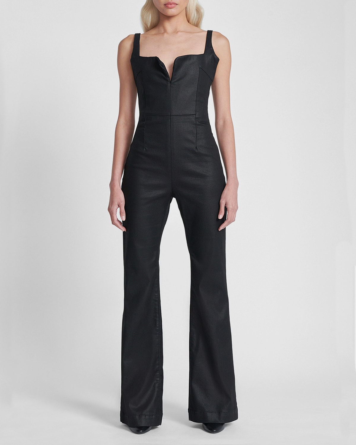 7 FOR ALL MANKIND COATED DENIM FLARED JUMPSUIT