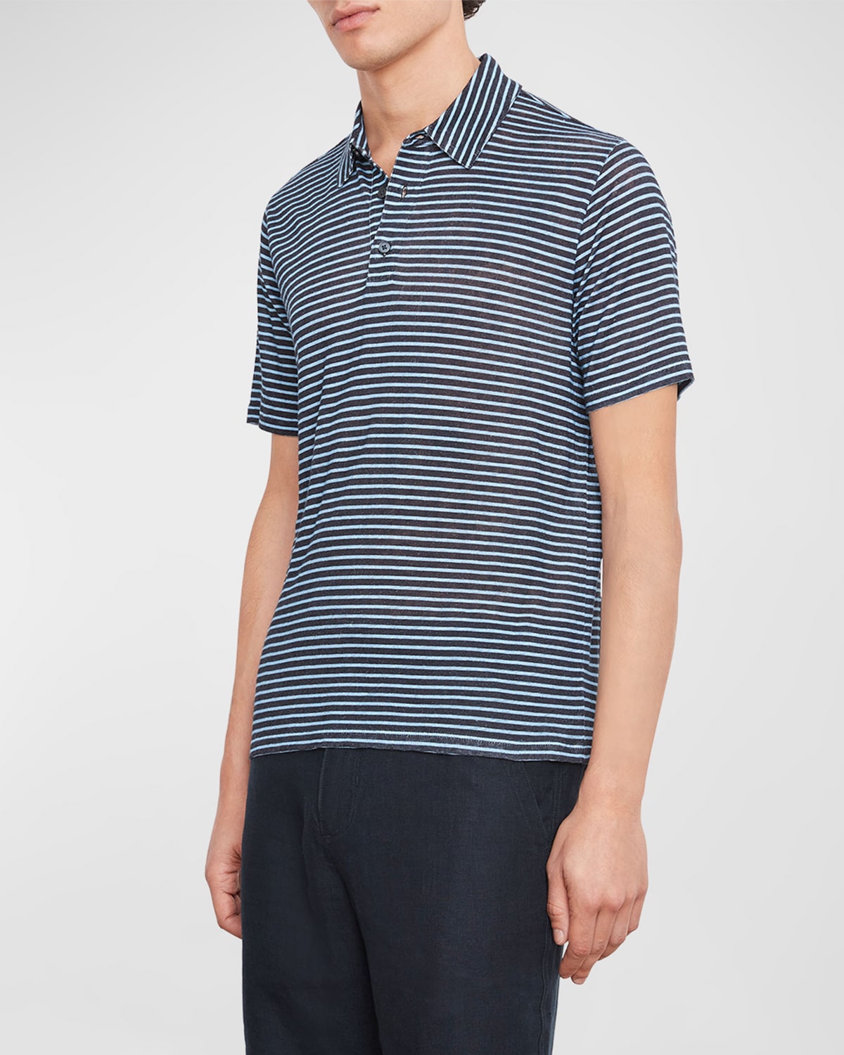 Vince Men's Stripe Linen Polo Shirt In Coastal Delft