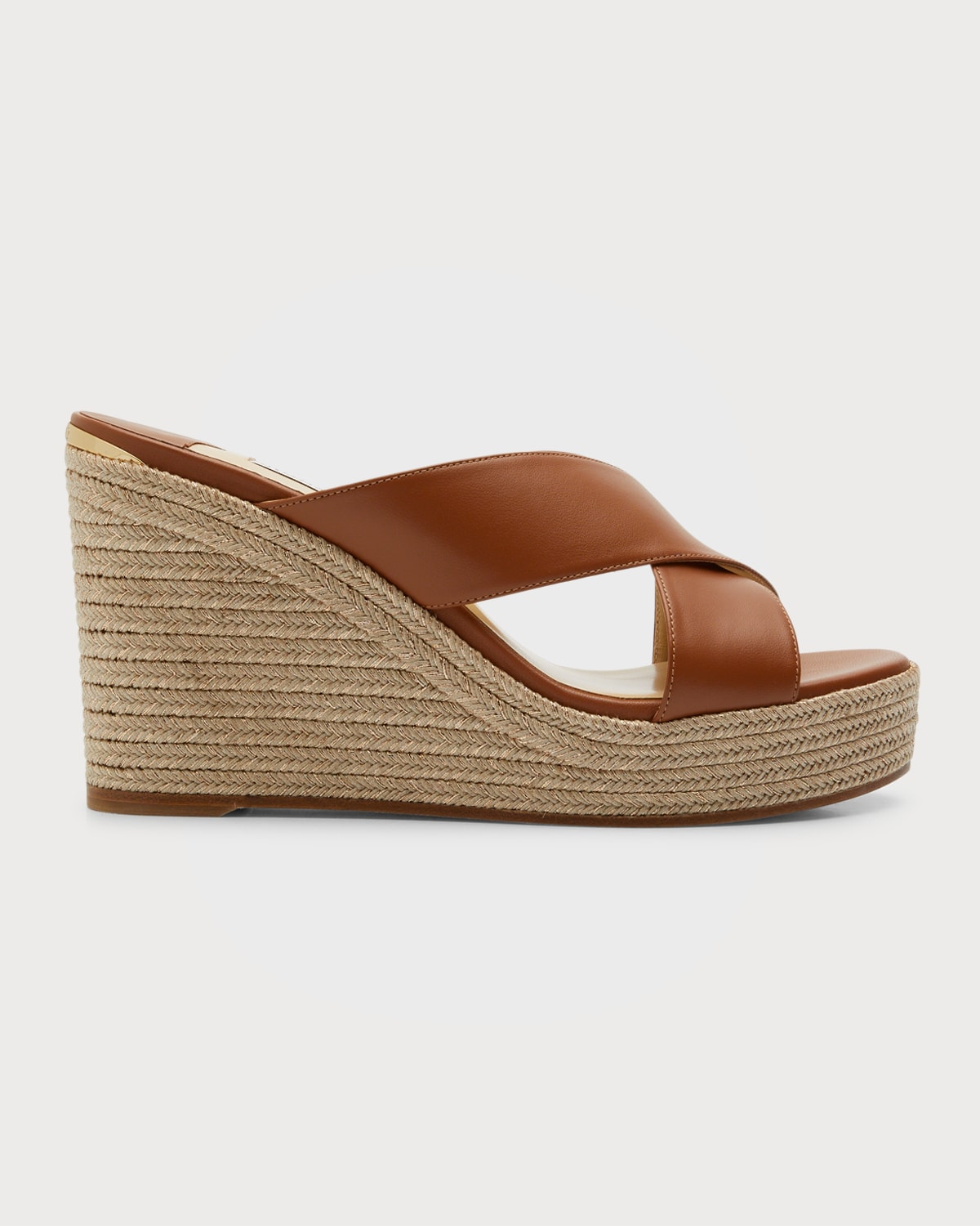 Jimmy Choo Dovina Leather Crisscross Wedge Espadrilles In Drk Tan Mix