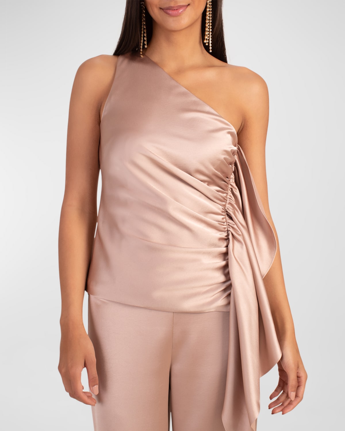 Trina Turk Powerful Draped One-shoulder Satin Top In Moonstone