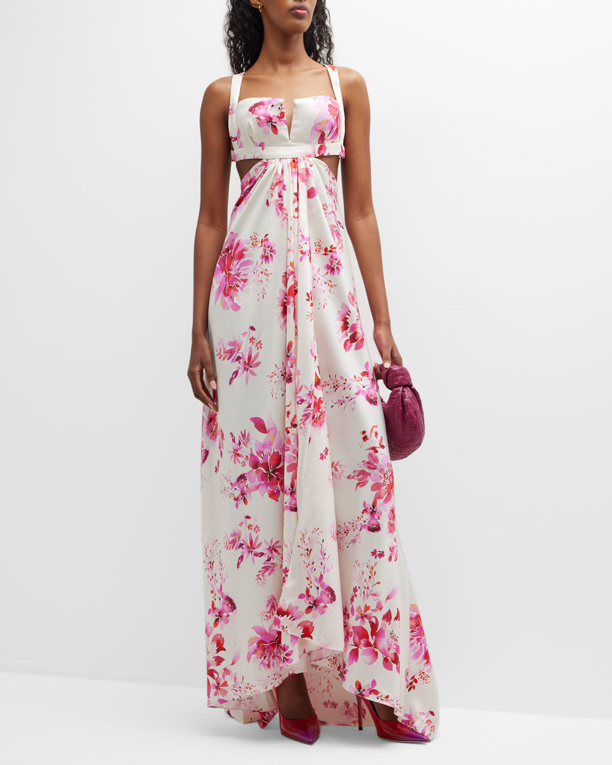 Floral-Print Empire Draped Open-Back Bias Gown
