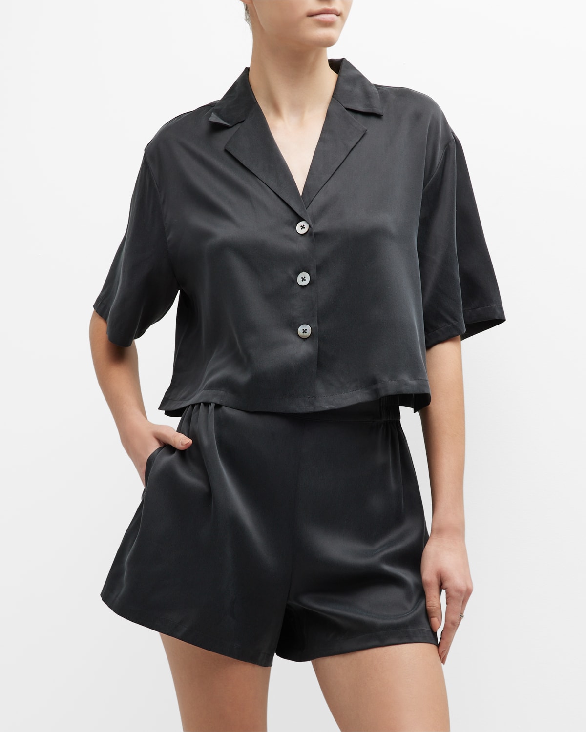 Lunya Washable Silk Button-up Short Pajamas In Immersed Black