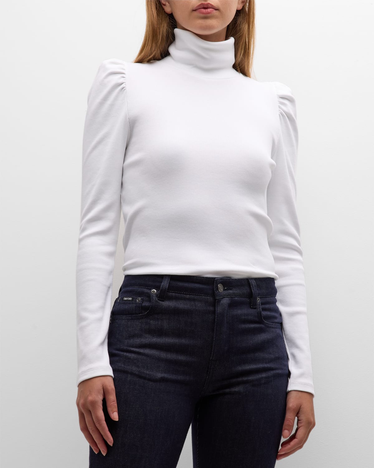 Veronica Beard Jeans Cedar Puff Sleeve Turtleneck In White