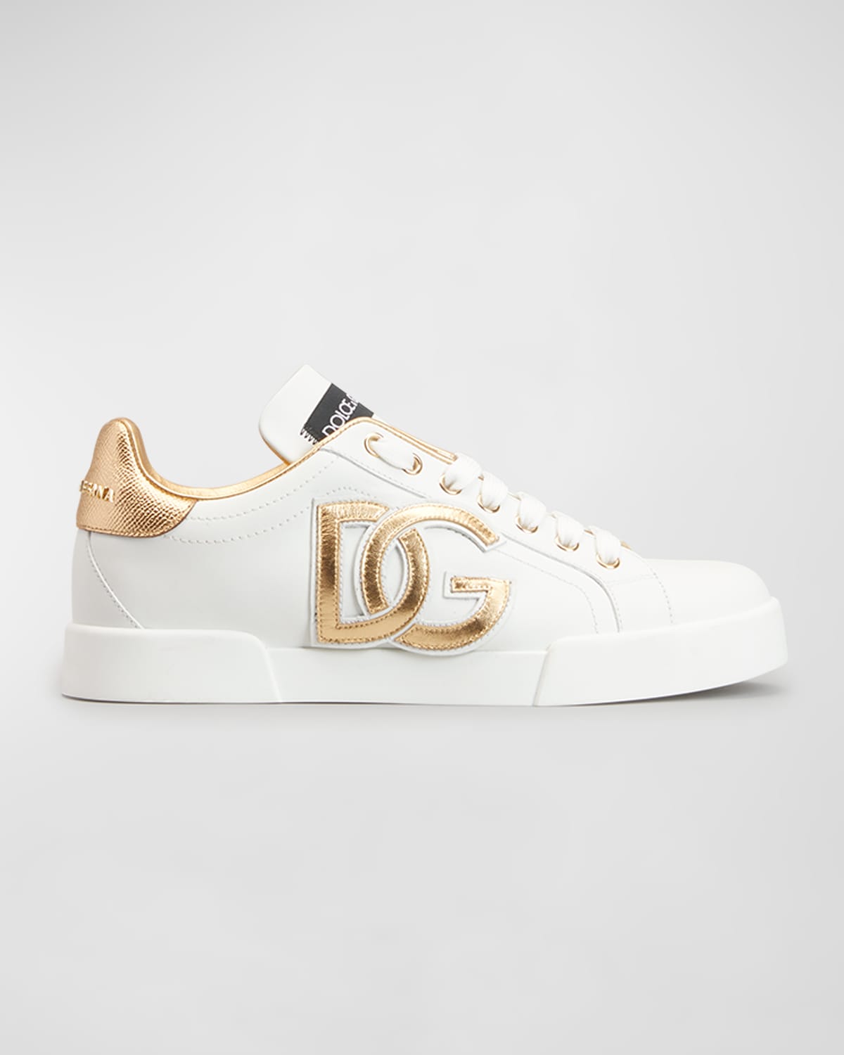 Dolce & Gabbana Portofino Logo Detail Leather Sneakers In White/gold