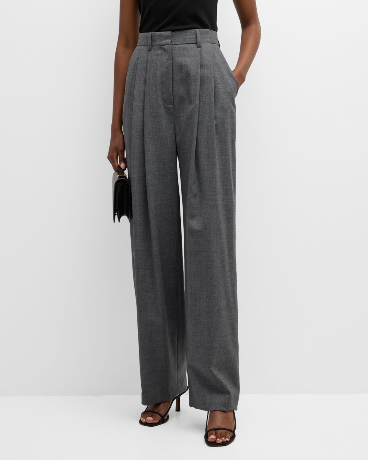 Salon 1884 Cecily Double-pleated Wide-leg Wool Pants In Charcoal Grey