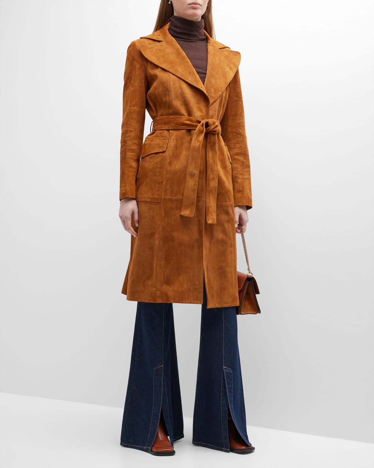 Salon Ry Belted Suede Wrap Coat In Camello