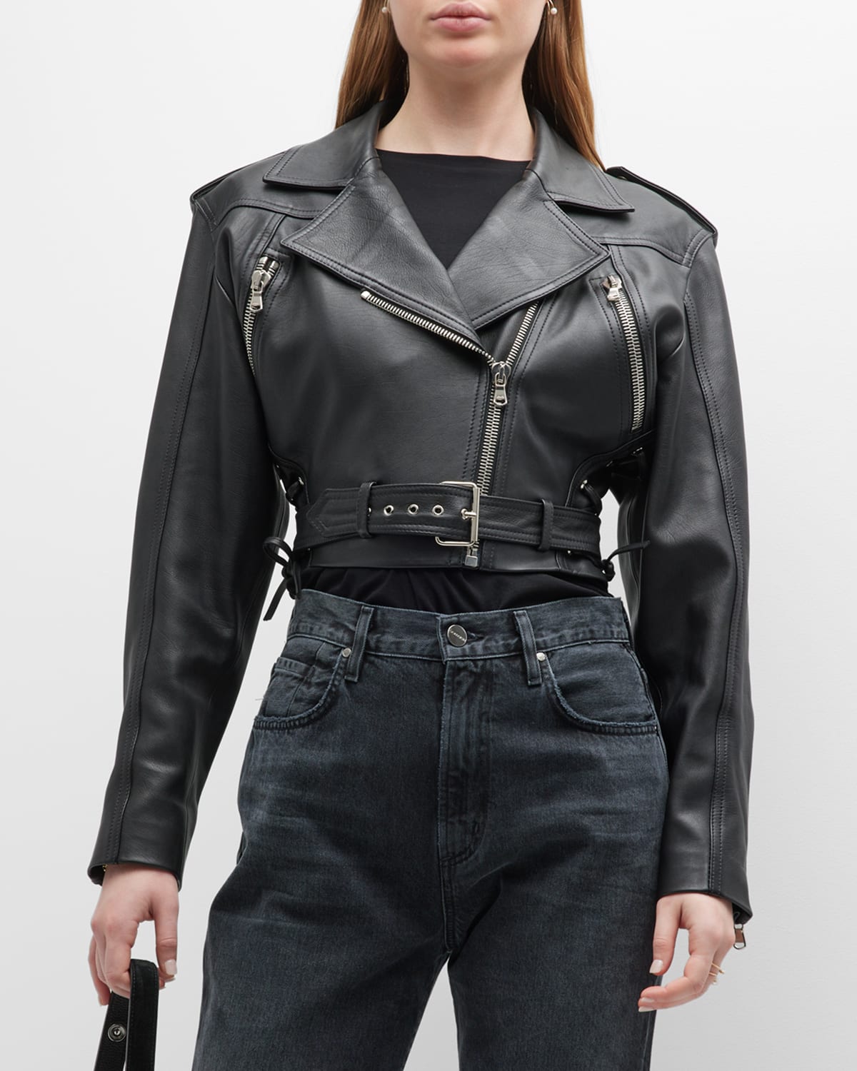 Salon Jane Leather Crop Moto Jacket In Black