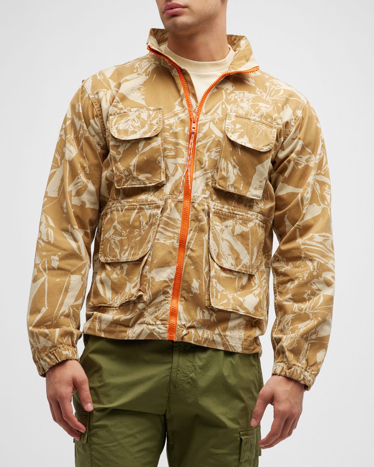 Aries Cotton Crinkle Camo Removable Hood Cargo Jacket In Pebble
