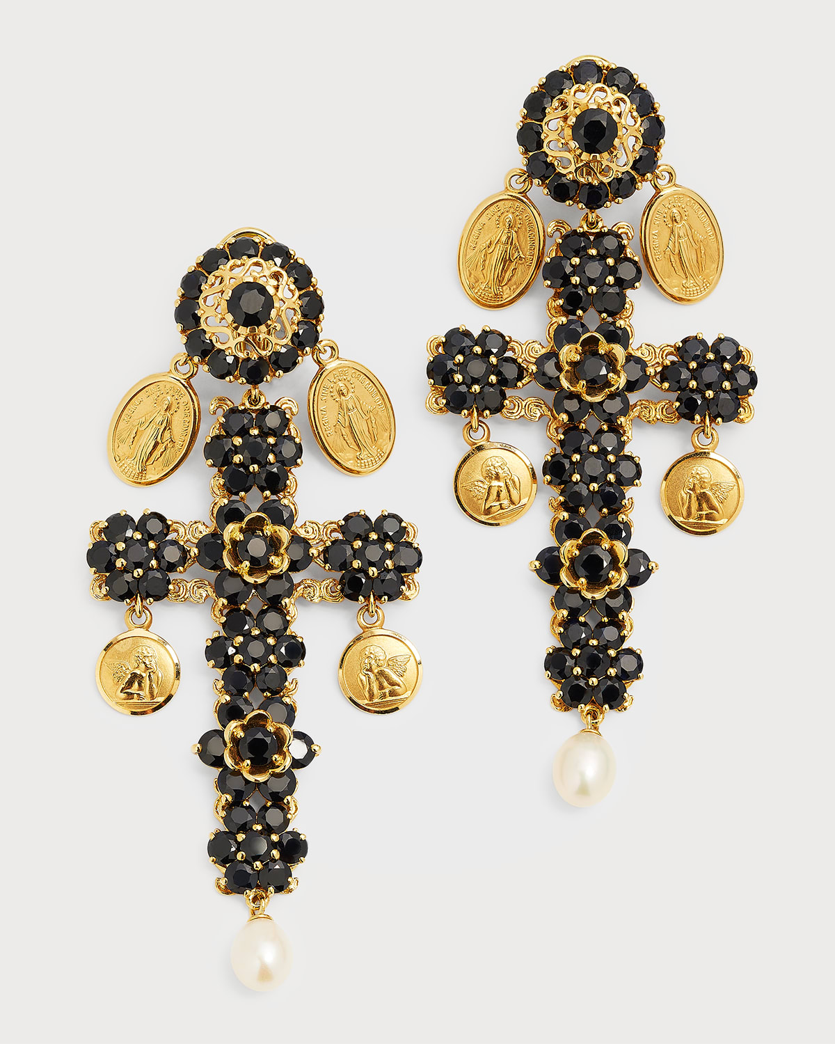 Dolce & Gabbana 18K Yellow Gold Cross Clip Earrings with Virgin Mary, Black Sapphire and Freshwater Pearls