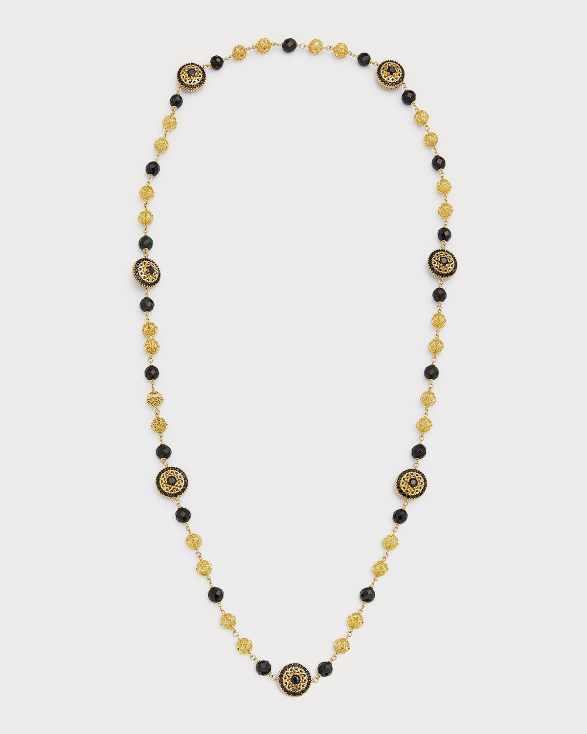 18K Yellow Gold Black Jade and Black Sapphires Necklace, 80cm