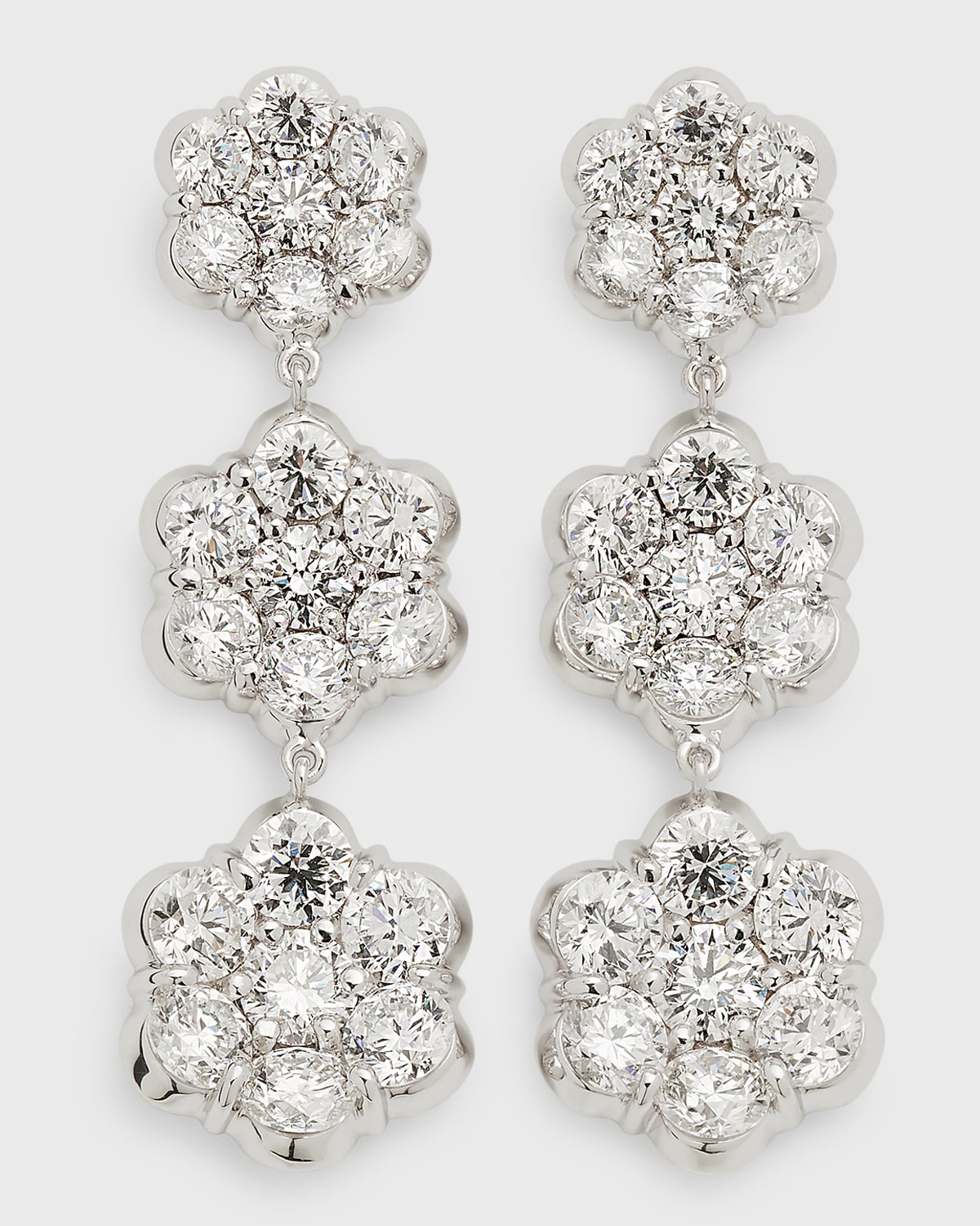 18k White Gold Triple Flower Diamond Drop Earrings