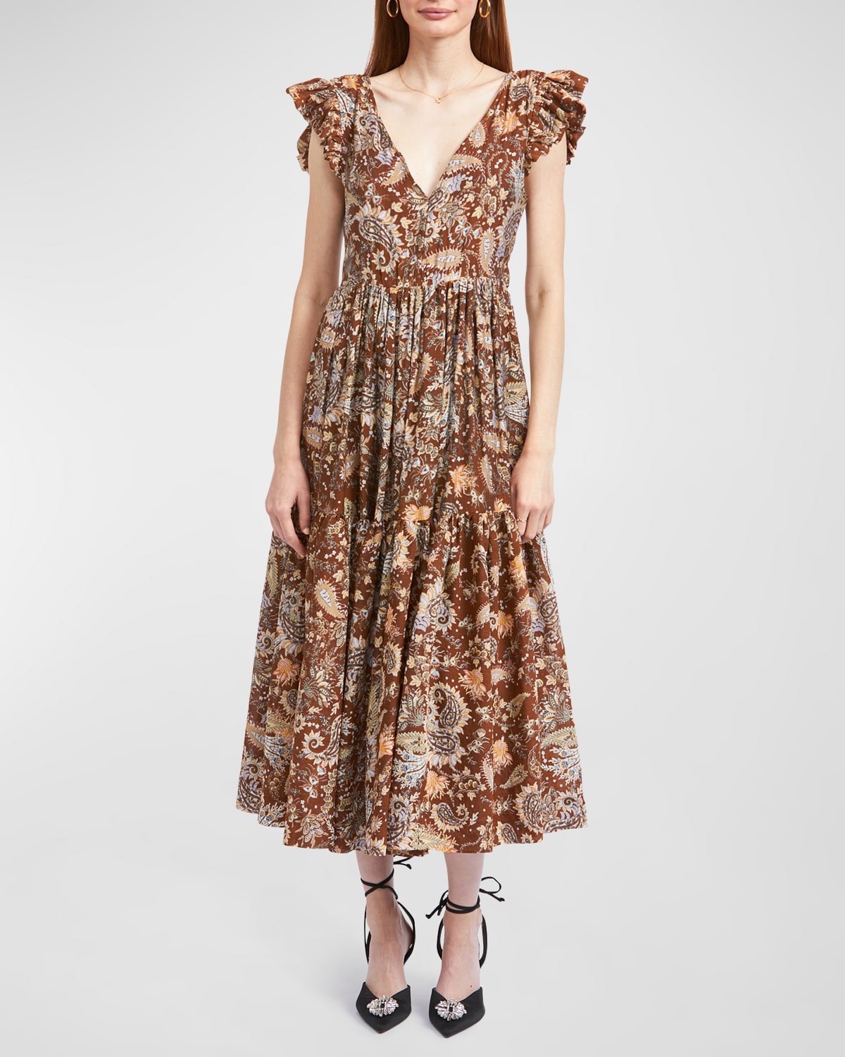 EN SAISON Leila Paisley-Print Ruffle Midi Dress