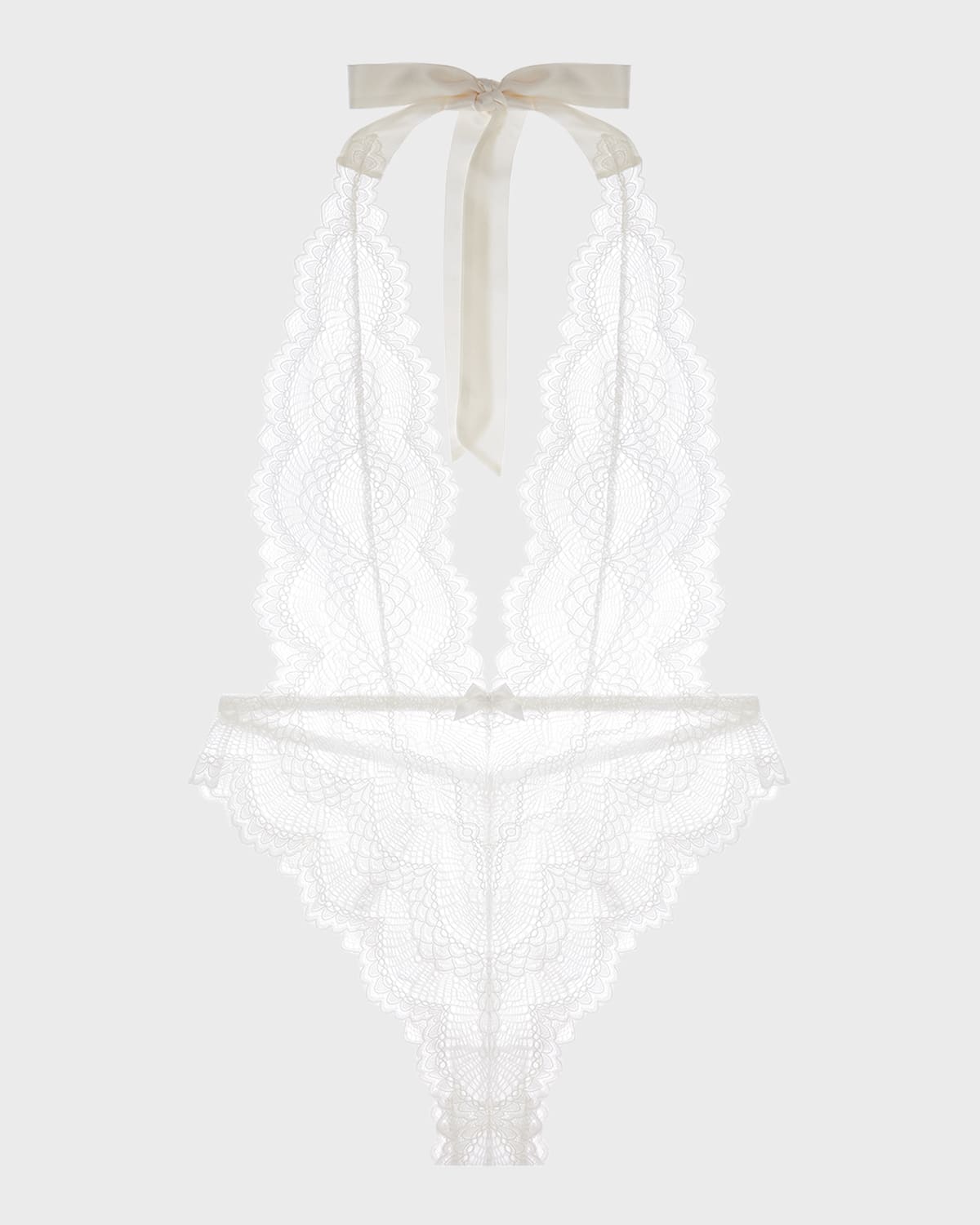 Shop Journelle Natalia Scalloped Lace Plunge Bodysuit In Alabaster