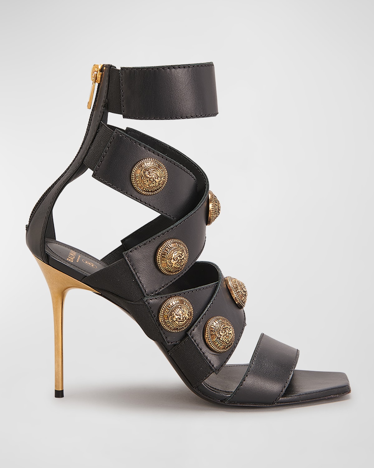 Balmain Women's Square Toe Logo Accent Strappy High Heel Sandals In Ead Noir Or Ead