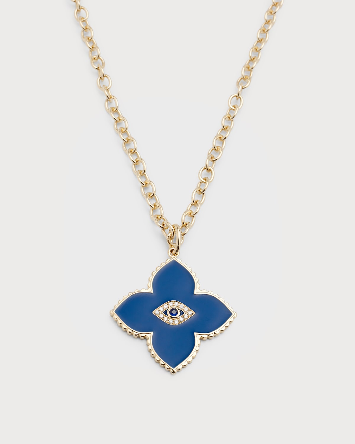 14K Diamond and Blue Sapphire Evil Eye on Scalloped Moroccan Pendant Necklace