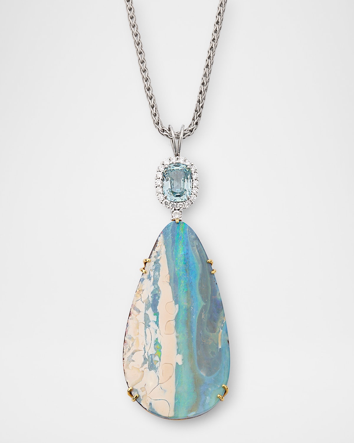 Platinum Diamond, Boulder Opal and Sapphire Pendant