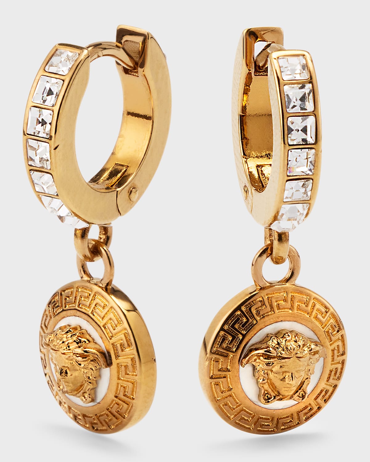 VERSACE MEDUSA STRASS DROP HOOP EARRINGS