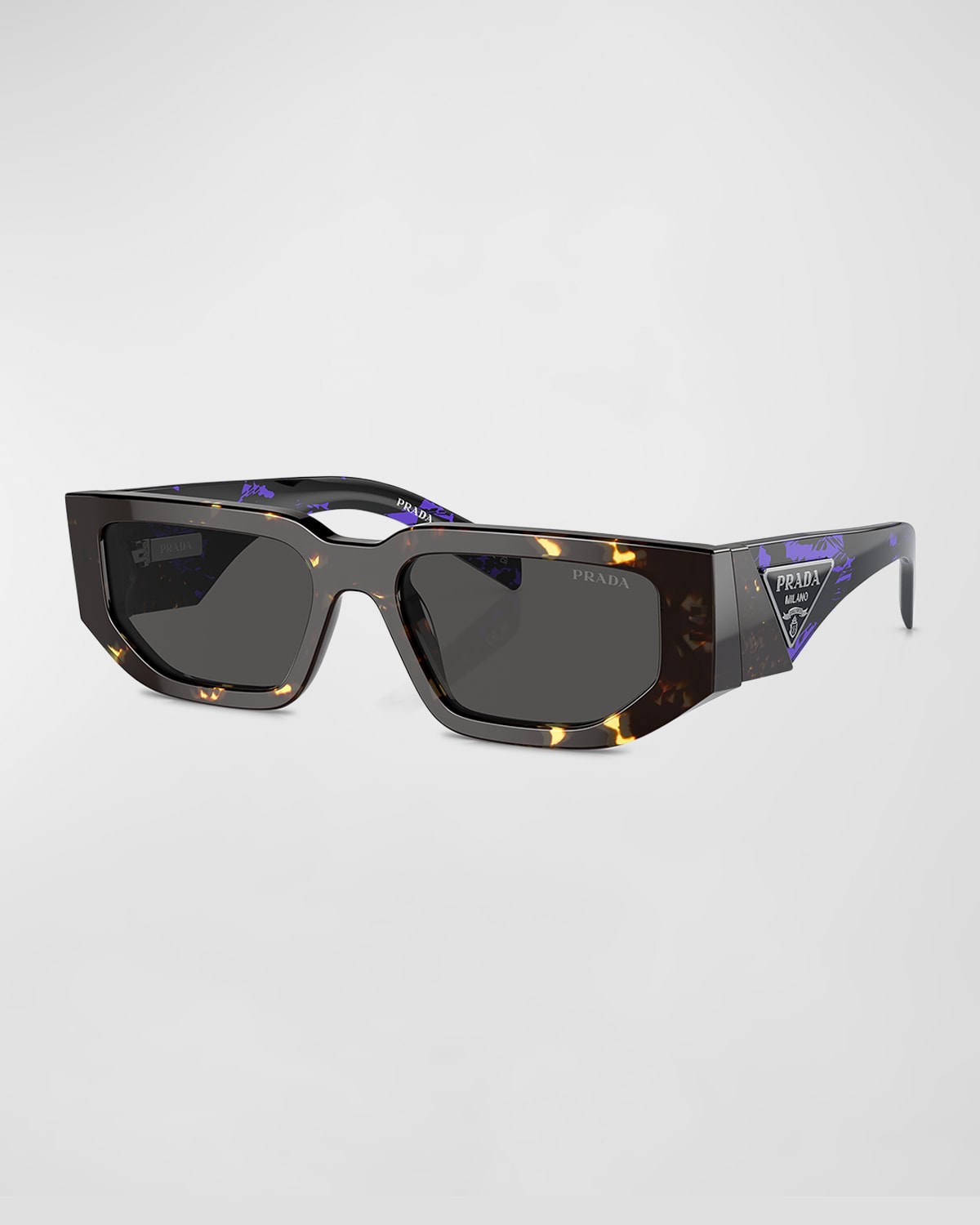 Shop Prada Men's Triangle Logo Bicolor Rectangle Sunglasses In Net Gray