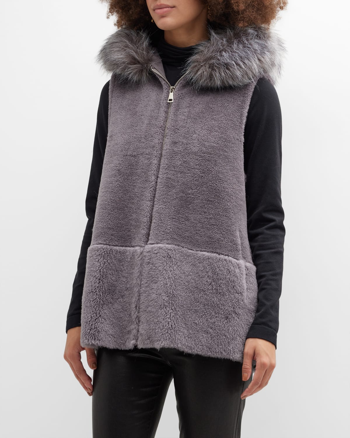 Hooded Shearling Vest W/ Faux Fur Trim