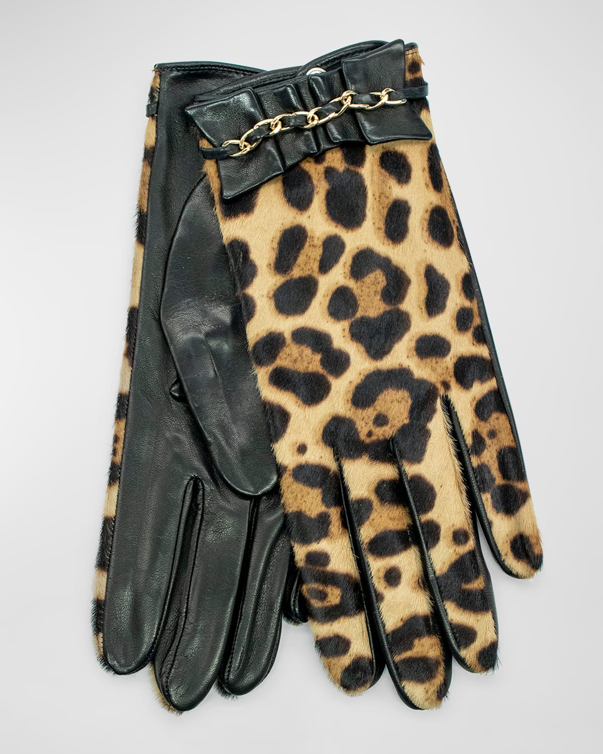 Ruffle Chain Leopard-Print Nappa Leather Gloves