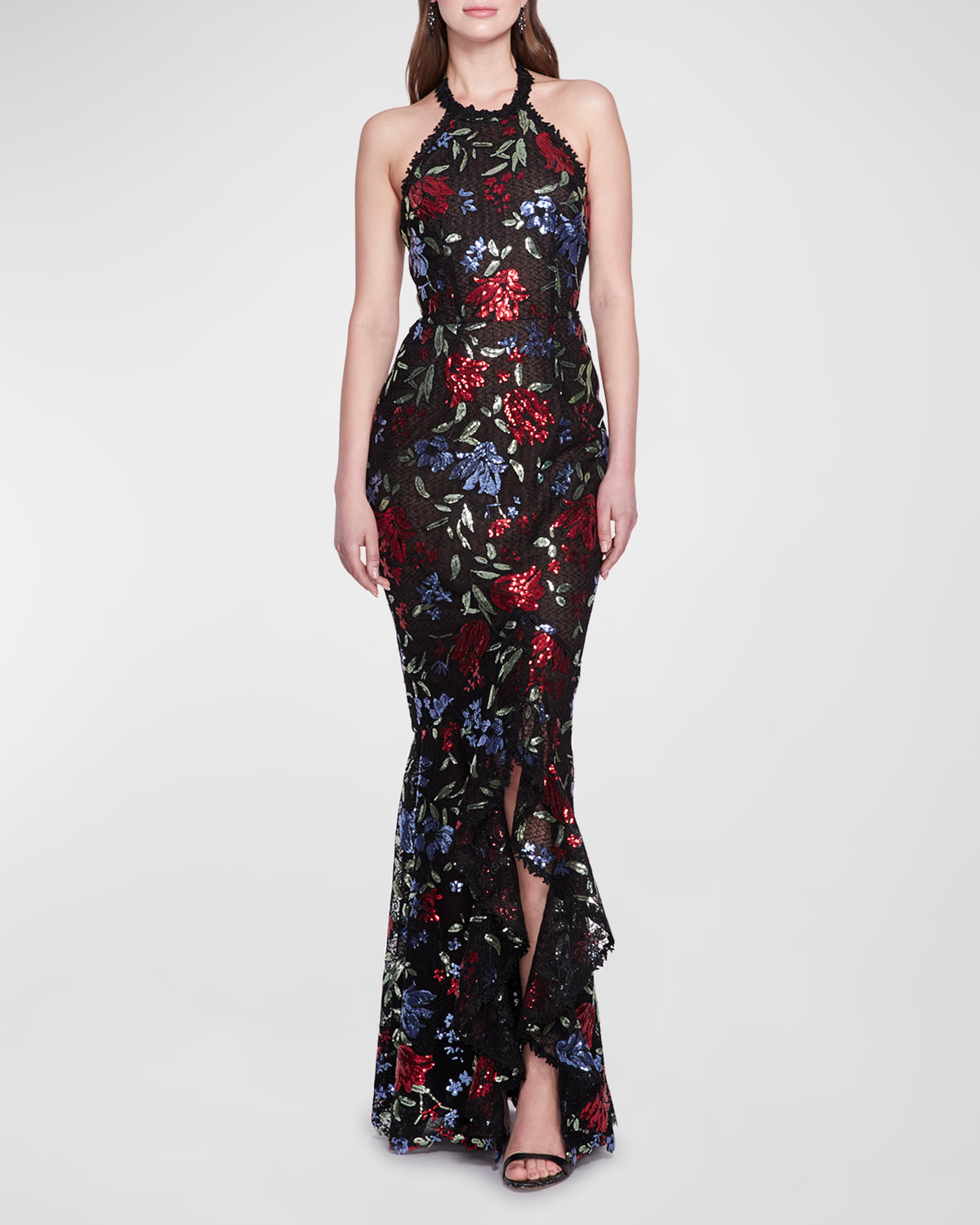 MARCHESA NOTTE HIGH-LOW FLORAL SEQUIN MERMAID GOWN