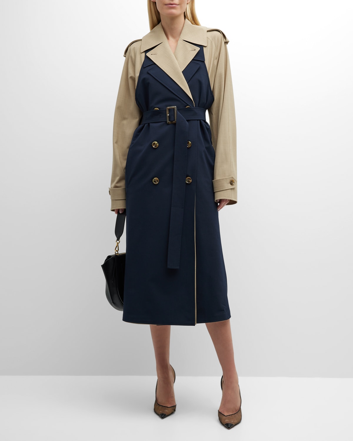 ADEAM Bricolage Double-Breasted Bicolor Belted Trench Coat