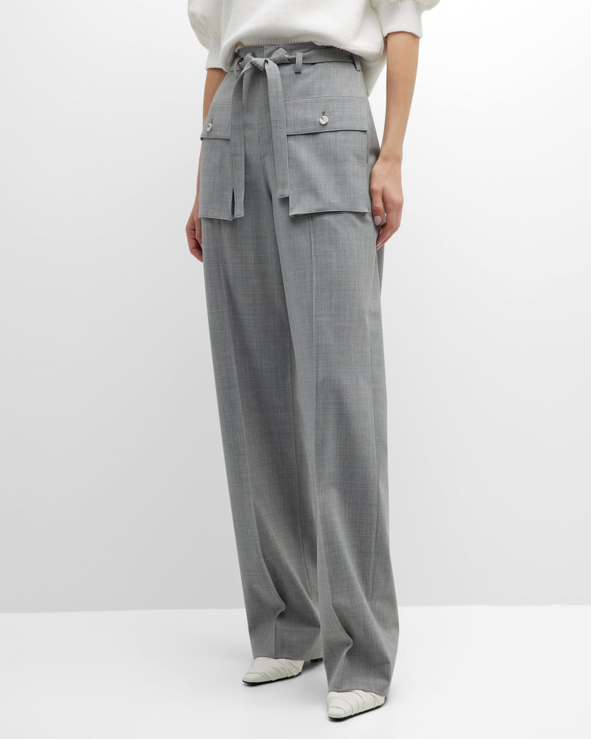 Adeam Water Stone Straight-leg Belted Pants In Heateher Grey