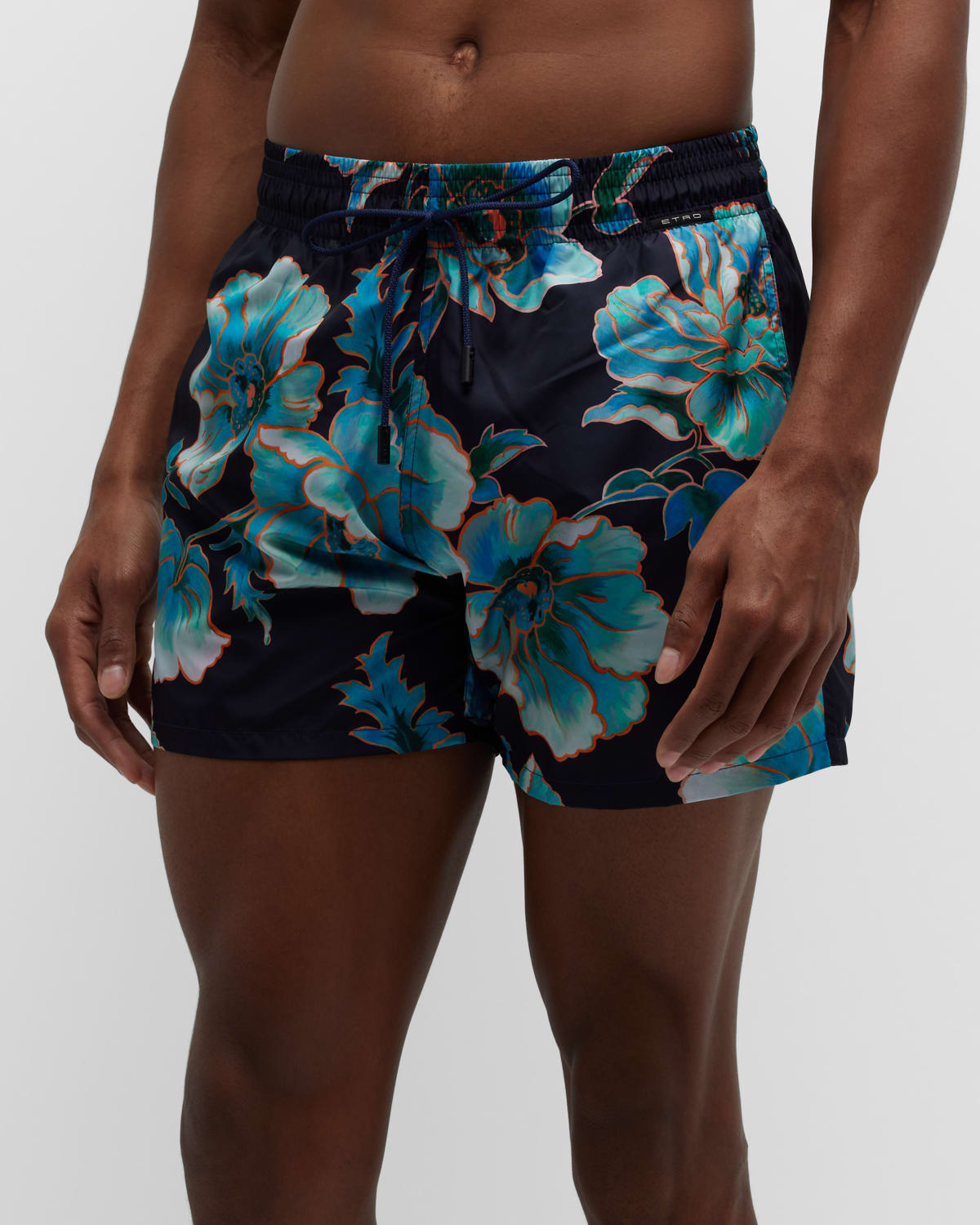 Etro Navy Blue Swim Shorts With Maxi Floral Print In Lt Blue