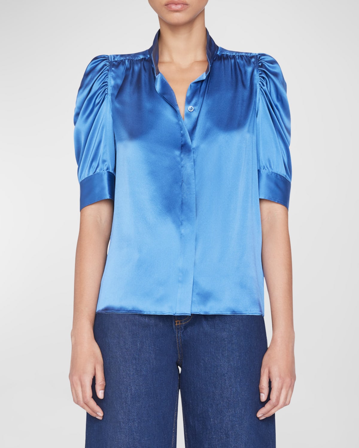 Frame Gillian Silk Ruched Sleeve Top In Slate Blue