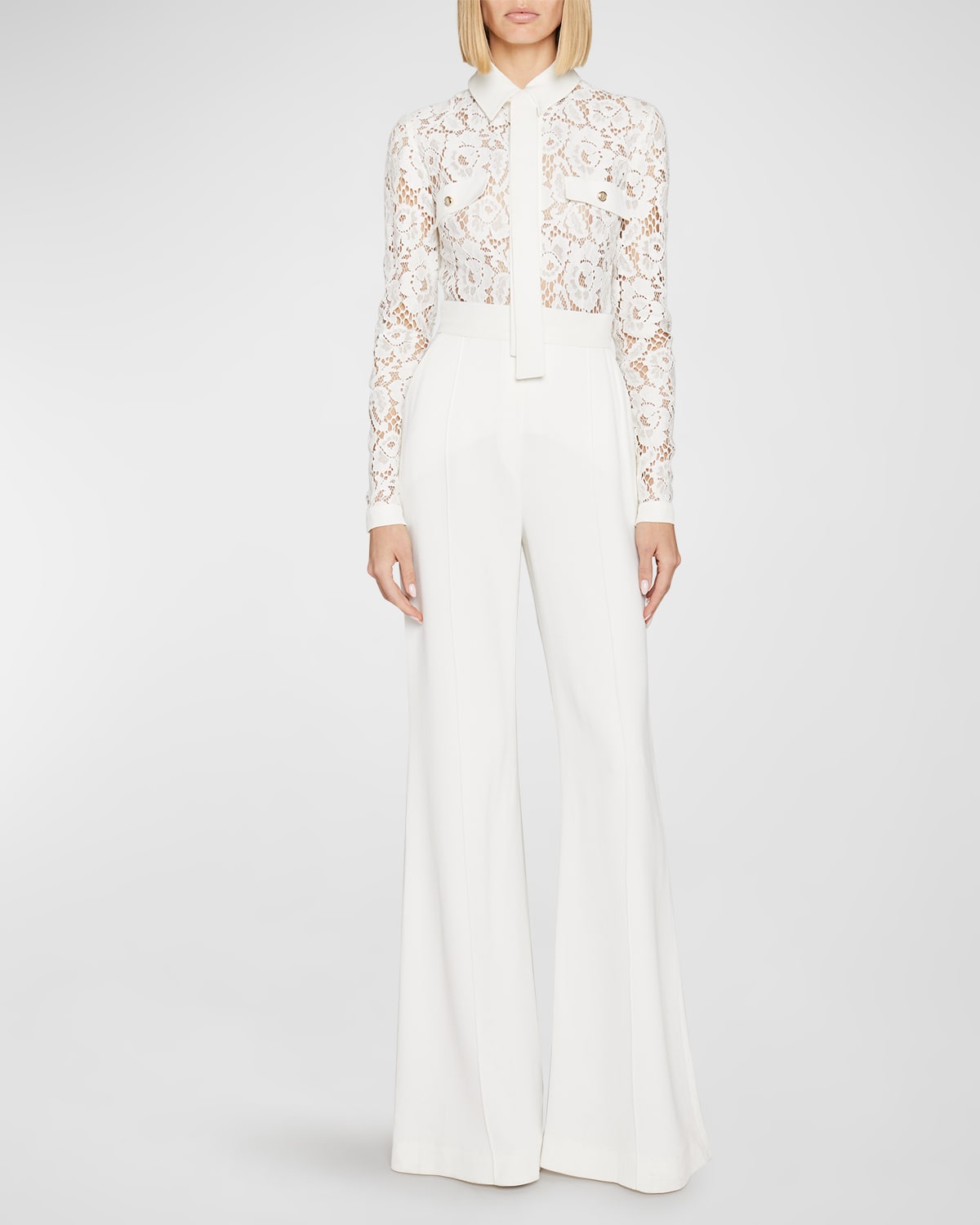 Collared Neck-Tie Flare-Leg Lace Jumpsuit