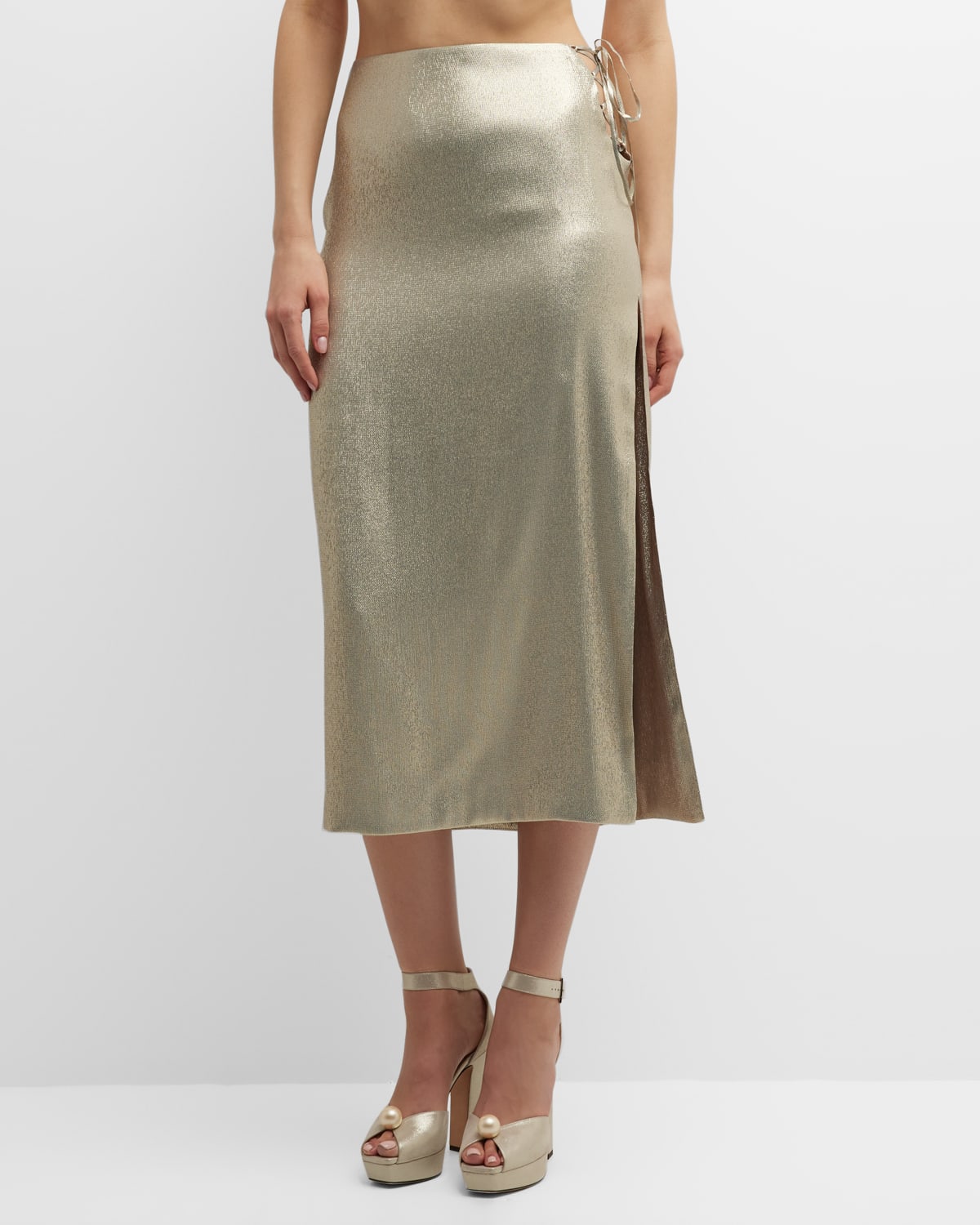 Adriana Iglesias Ale Metallic Lace-up Side-slit Midi Skirt In Light Gold