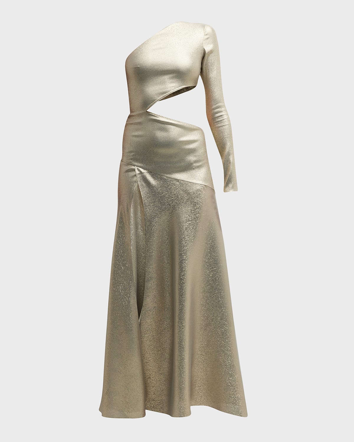 Adriana Iglesias Mirta Cutout Metallic One-shoulder Maxi Dress In Light Gold