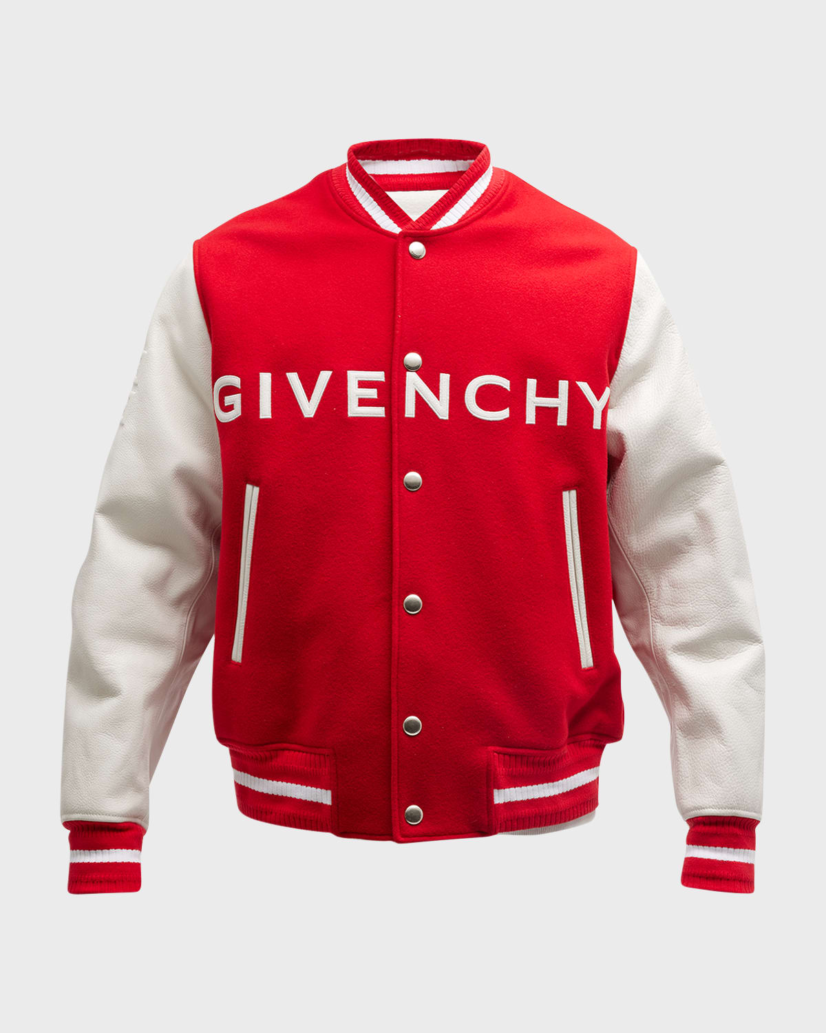 Givenchy Varsity Wool Grained Leather Jacket In White/red