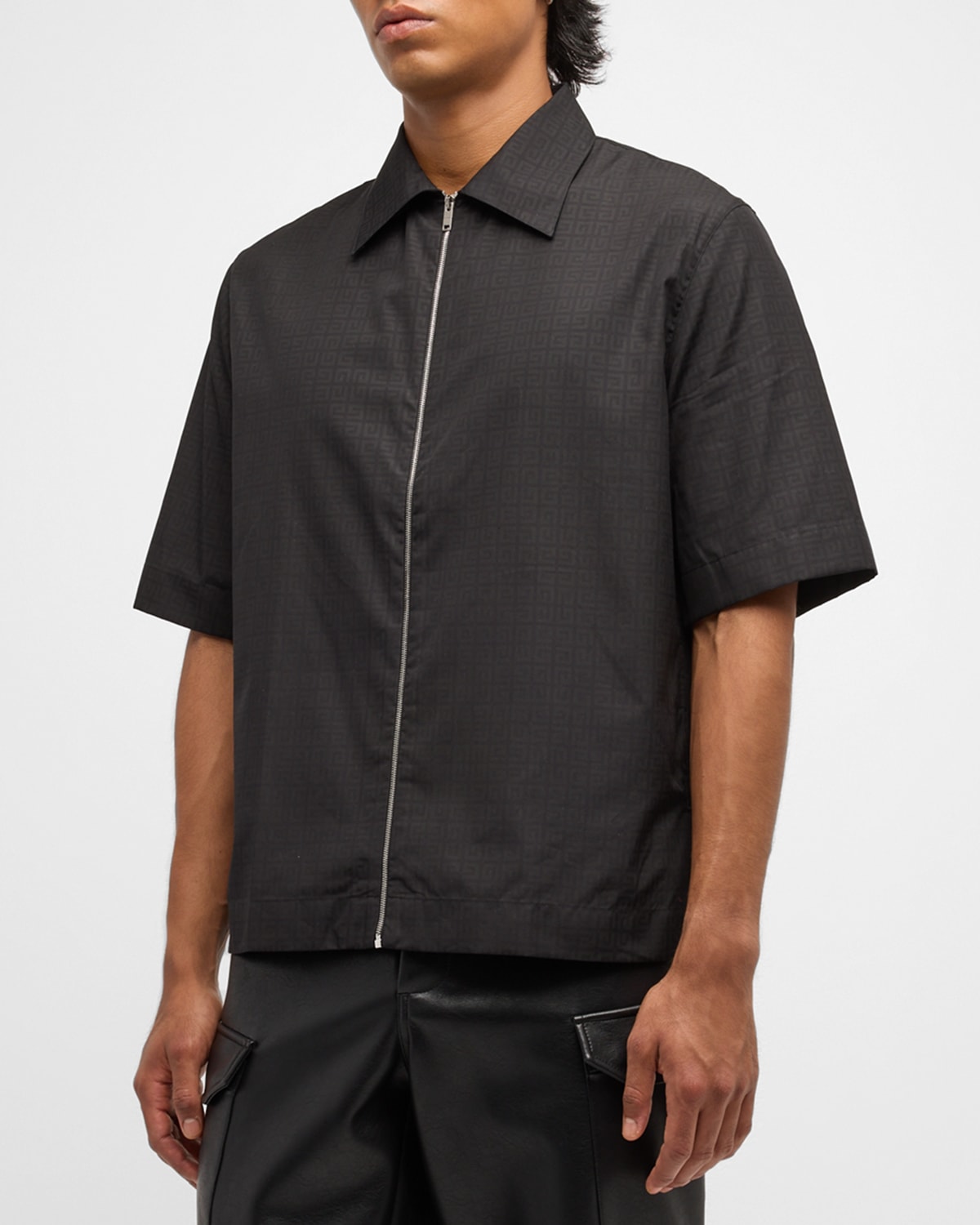 Shop Givenchy Men's Jacquard Logo Full-zip Dress Shirt In Black