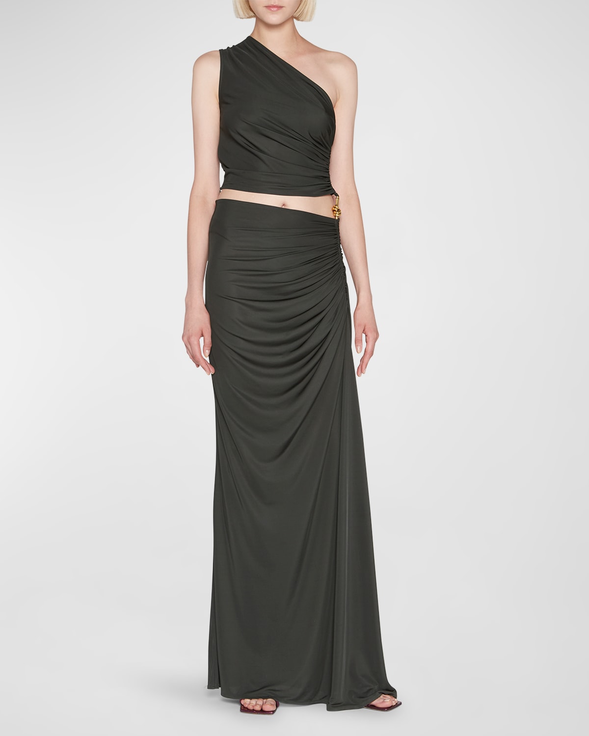 Shop Bottega Veneta Ruched One-shoulder Gown With Knot Detail In Peridot