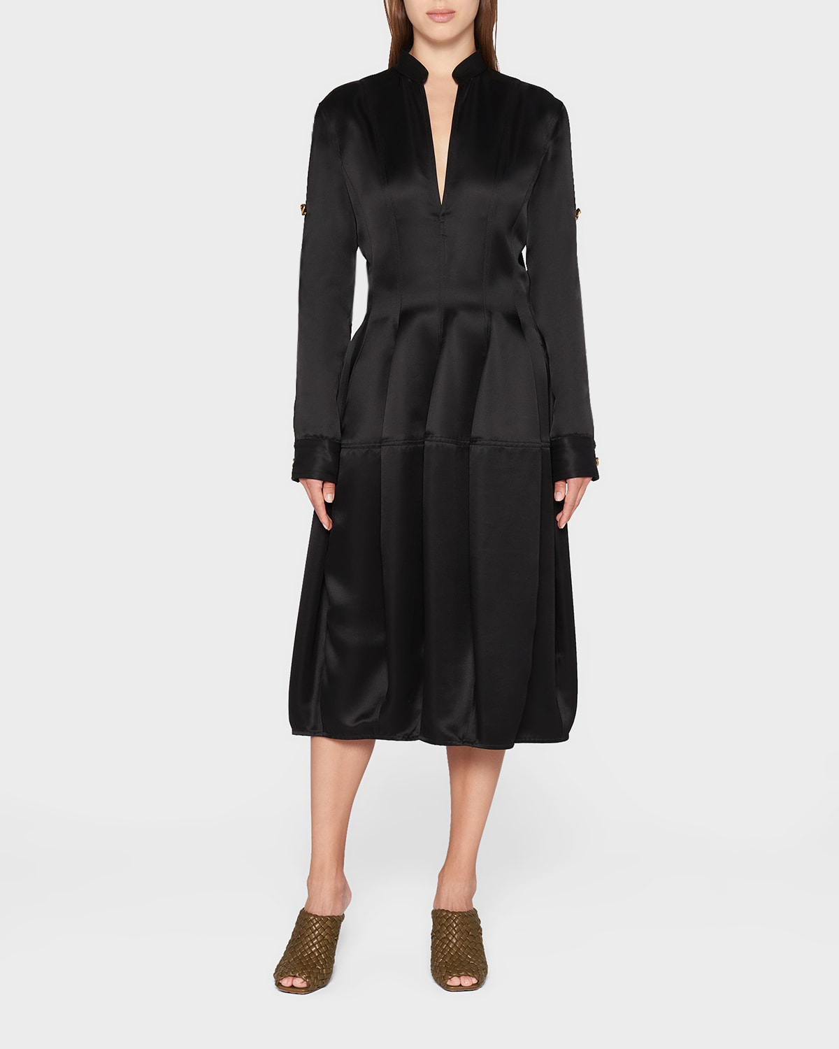 Shop Bottega Veneta Silk Midi Dress With Adjustable Sleeves In Nero