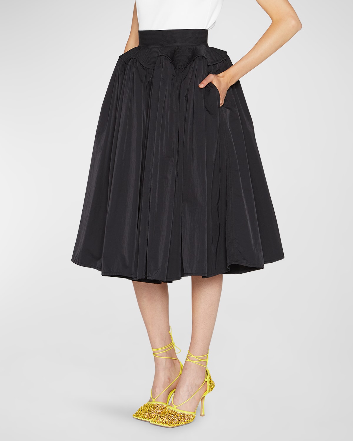 Shop Bottega Veneta Gathered Midi Skirt W/ Flare Waistband In Nero