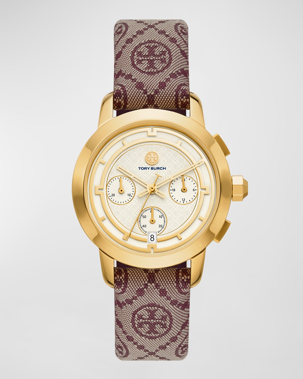 Tory Burch The Tory Chronograph Watch With Claret Red Jacquard And Leather Strap In Dark Red