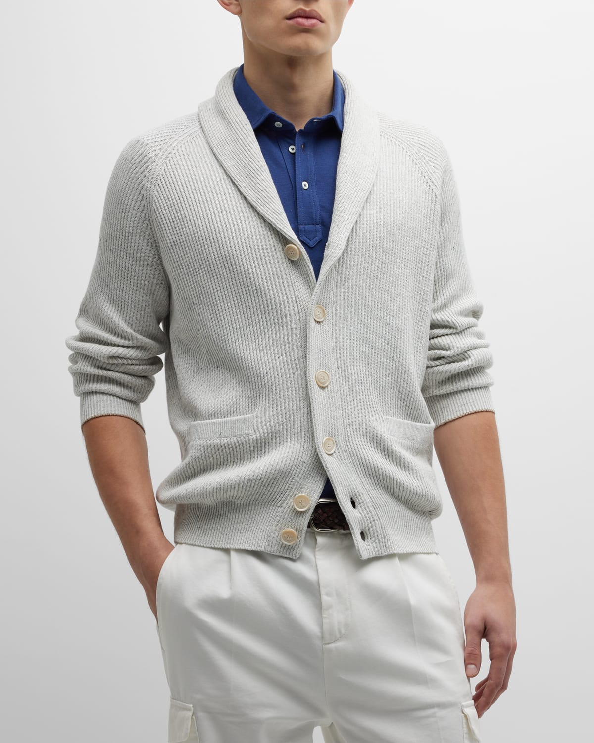 Brunello Cucinelli Shawl-collar Ribbed Cotton And Linen-blend Cardigan In Cuf88 White Grey