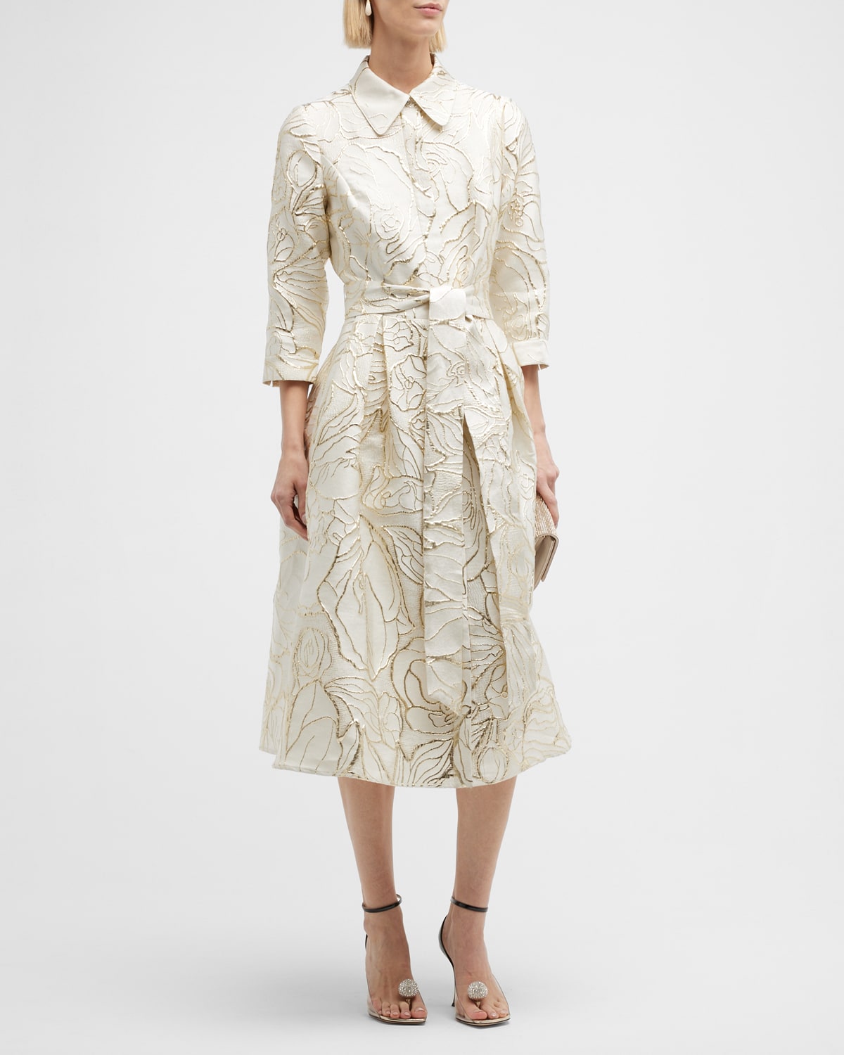 Rickie Freeman For Teri Jon Pleated Floral Jacquard Midi Shirtdress In Ivorygold