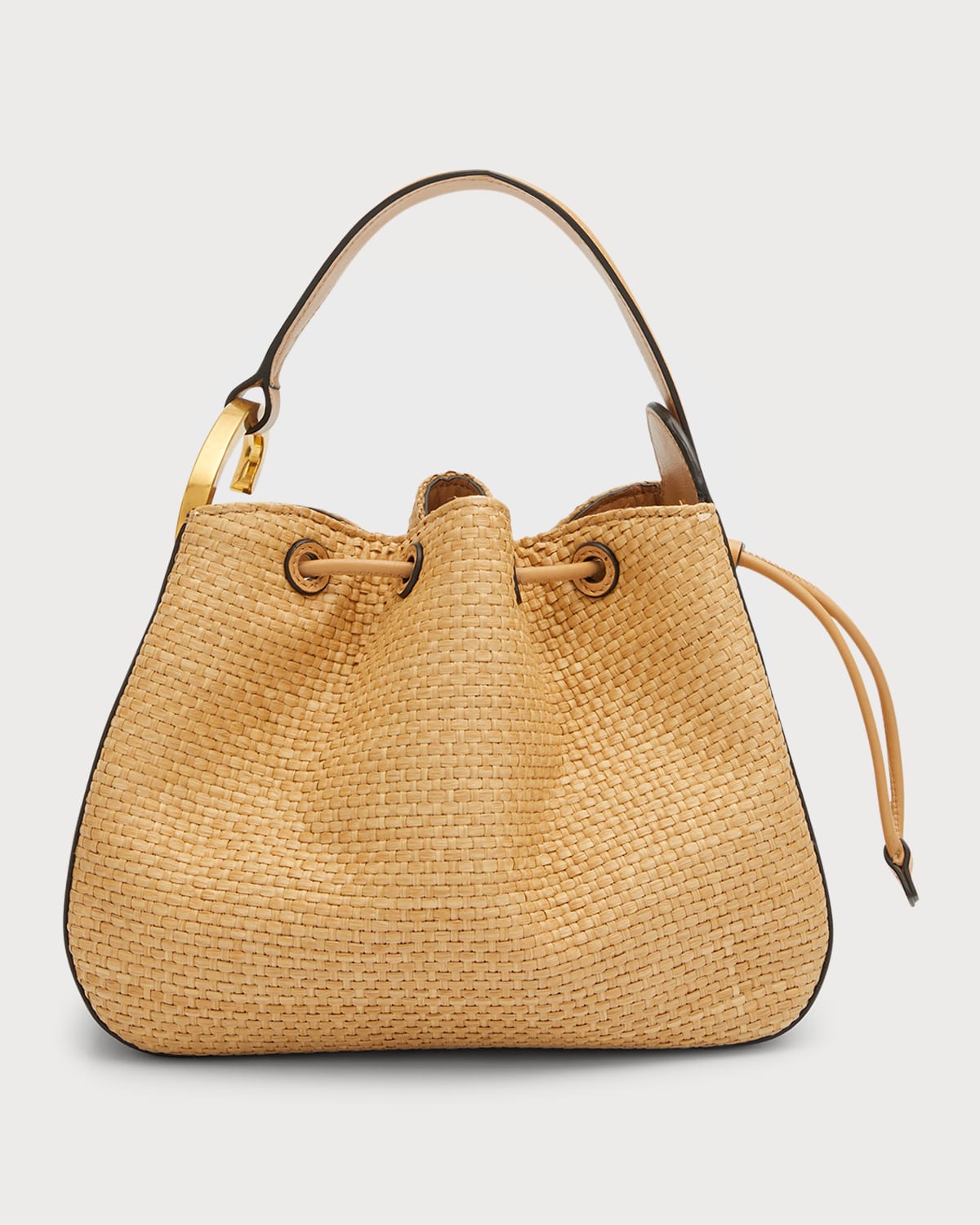 Oscar De La Renta Drawstring Raffia & Leather Top-handle Bag In Natural