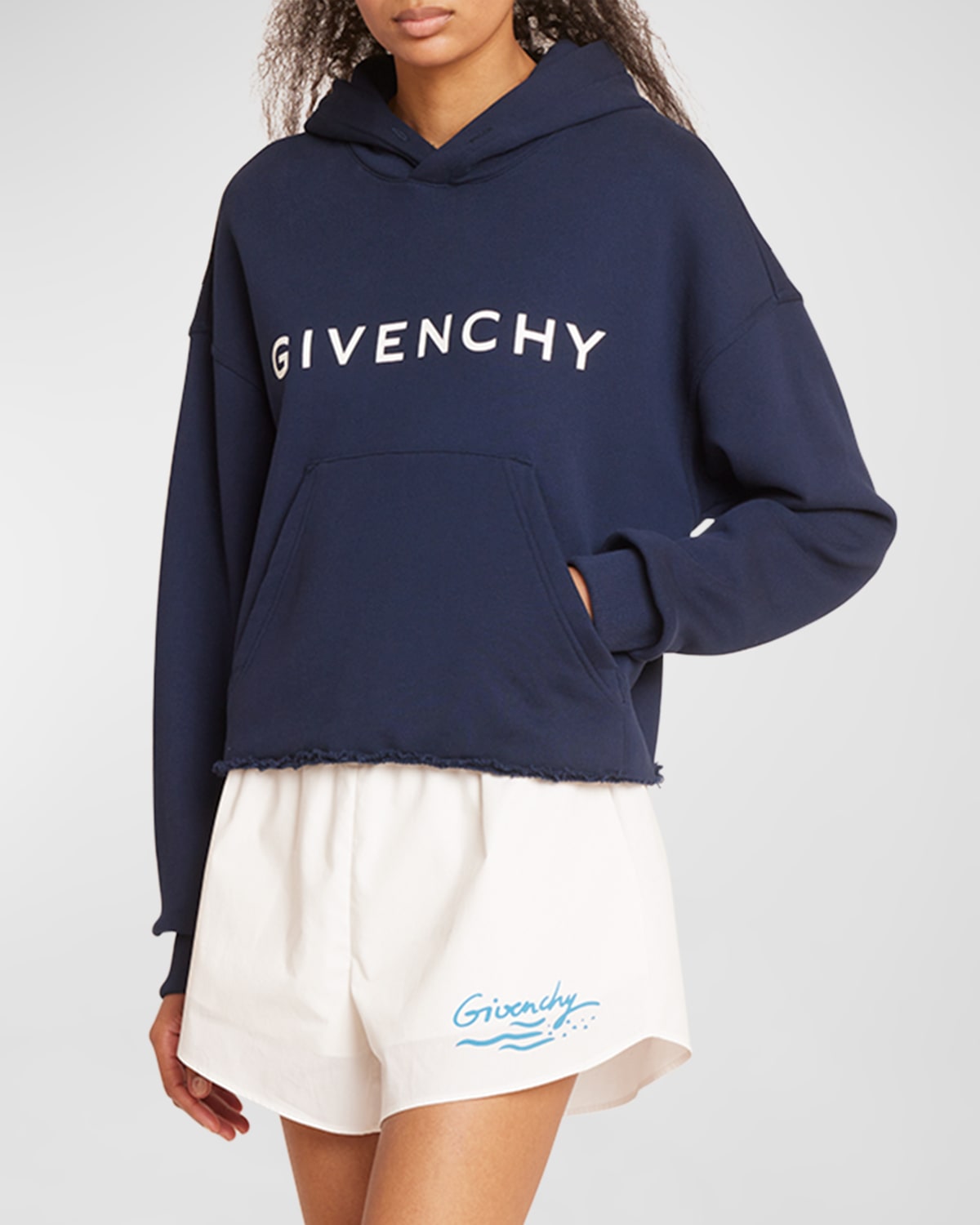 Givenchy Logo-print Crop Hoodie In Dark Navy