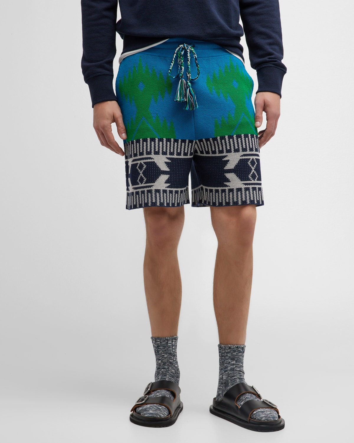 Alanui Piquet Cotton Icon Shorts With Geometric Motif In Blue