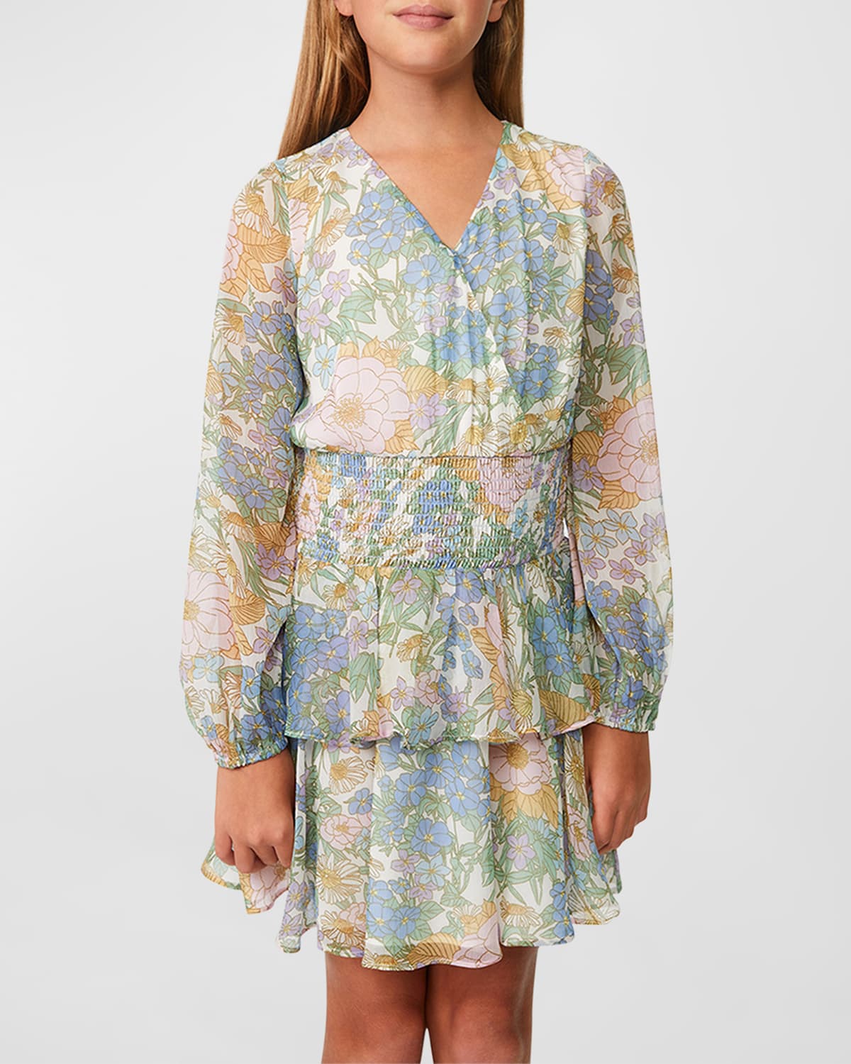 Girl's Bella Floral-Print Shirred Dress, Size 7-14