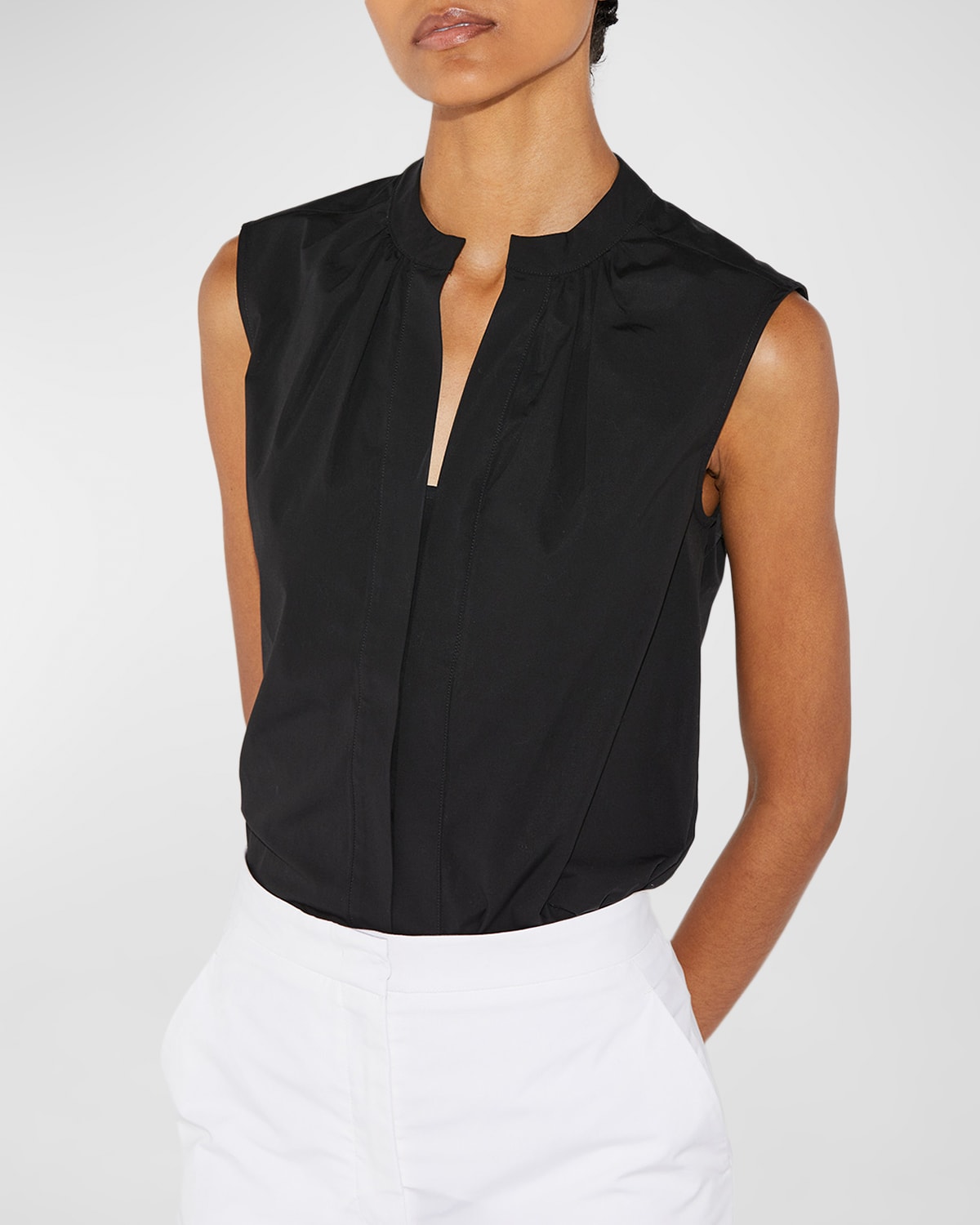 Callas Milano Olympia Ruched Sleeveless Cotton Blouse In Black