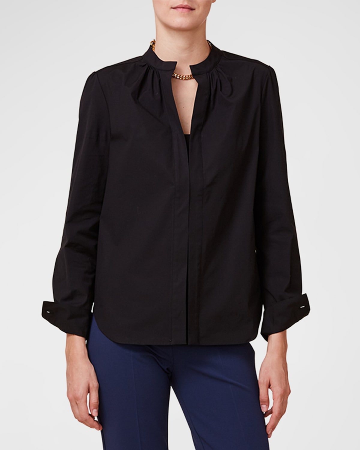 C Llas Olympia Ruched Long-sleeve Cotton Blouse In Black